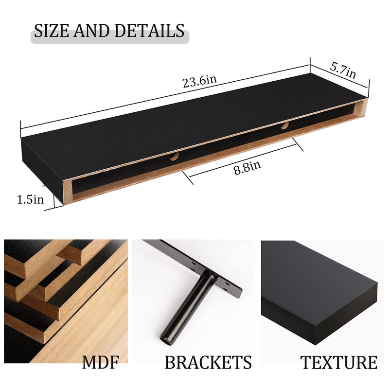 BAMEOS Floating Shelf,Wall Shelf,Decor Wall Mounted Shelves,Hanging Shelf Set L24xW6 for Bathroom Kitchen Living,Kitchen,Room Bedroom Storage,Black - Image 3